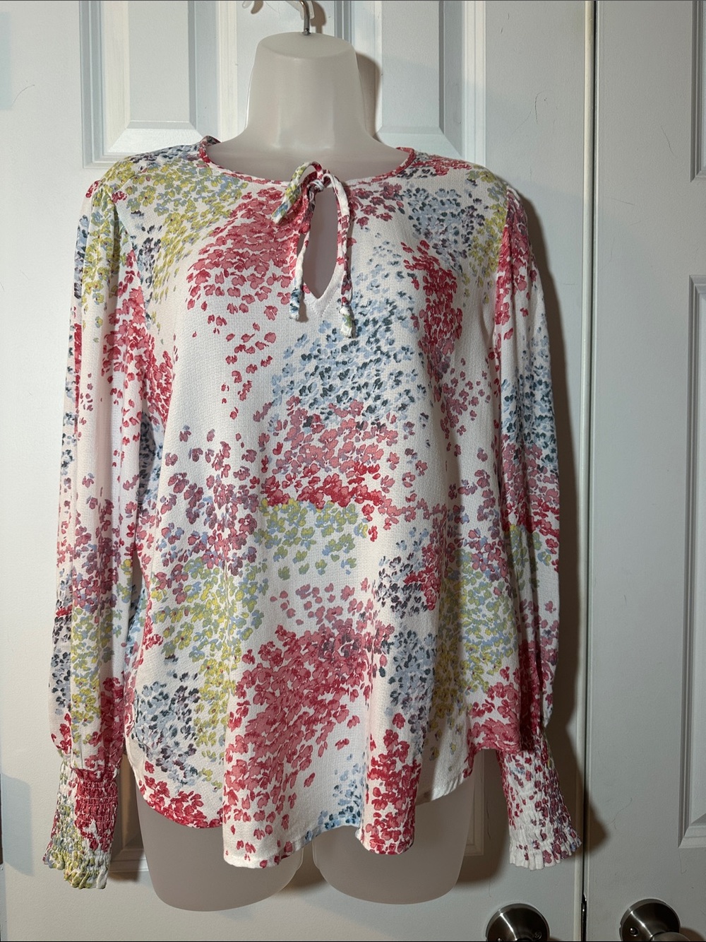 Lucky Brand White Floral Tie-Neck Blouse with Pink, Blue & Green